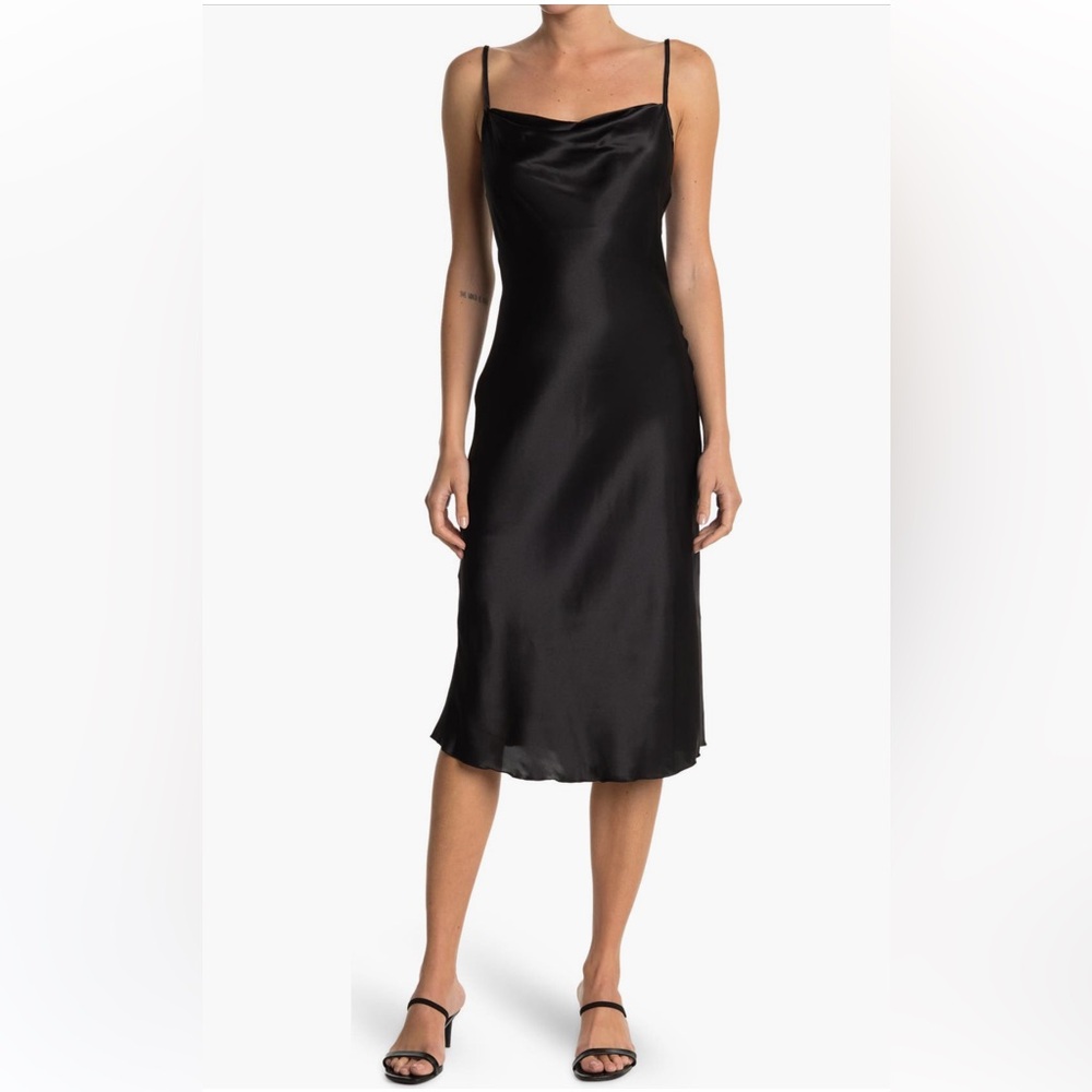 bebe Black Satin Cowl Neck Slip Midi Dress